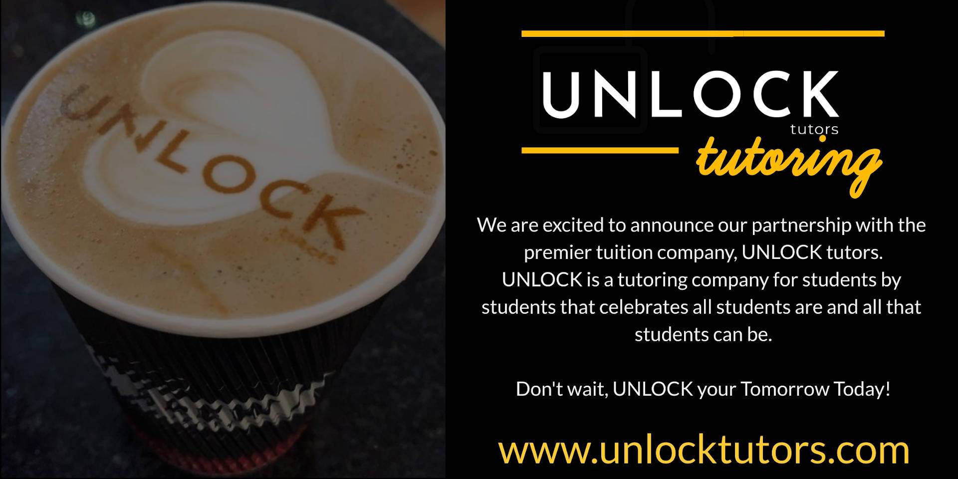 A takeaway cappuccino with the word UNLOCK dusted onto the milk foam